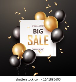  Sale banner with black and gold floating balloons. Vector illustration.