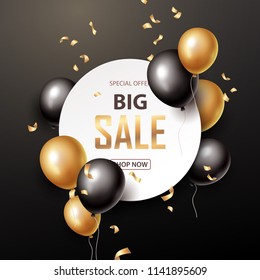  Sale Banner With Black And Gold Floating Balloons. Vector Illustration.