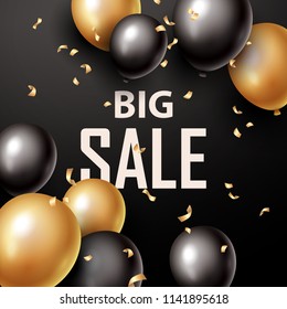 Sale banner with black and gold floating balloons. Vector illustration.