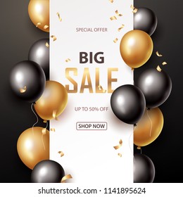  Sale Banner With Black And Gold Floating Balloons. Vector Illustration.