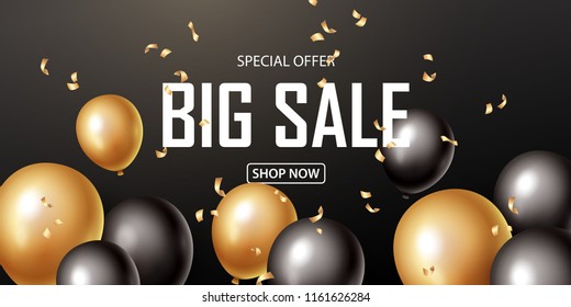 Sale banner with black and gold floating balloons. Vector illustration.