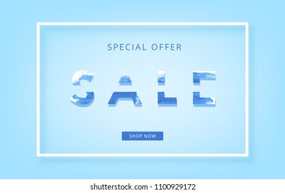 Sale banner. Blue horizontal card with frame. Template for web and social media. Creative sliced typography. Vector illustration. 