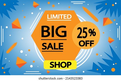 Sale banner in blue and orange. 25% off, advertising promotion banner. Creative background, graphic design elements.