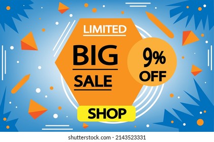 Sale banner in blue and orange. 9% off, advertising promotion banner. Creative background, graphic design elements.