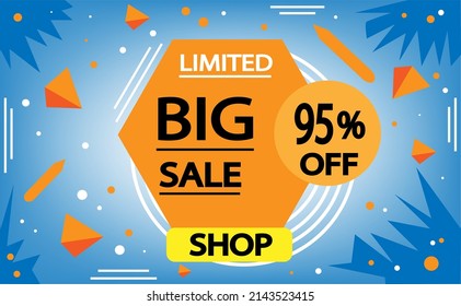 Sale banner in blue and orange. 95% off, advertising promotion banner. Creative background, graphic design elements.