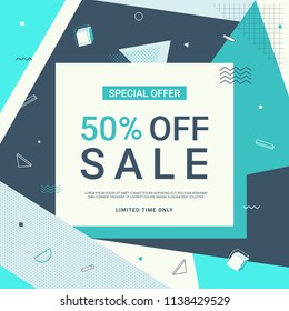 Sale banner in blue tone with geometric shapes. Sale background template. Vector illustration