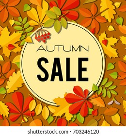 Sale banner with bright autumn leaves. Art vector illustration.