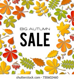 Sale banner with bright autumn leaves isolated on white background. Art vector illustration.