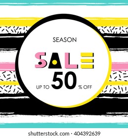 Sale banner.  Brush stroke stripe background. Web banner or poster for e-commerce, on-line cosmetics shop, fashion & design store. Vector illustration. 80s - 90s retro style. Original font. 