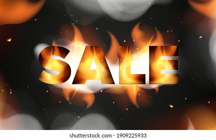 Sale banner. Burning poster with fiery letters and smoke. Realistic style. Vector