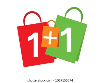 Sale banner Buy one get one free. 1+1 sale banner text on shopping bags