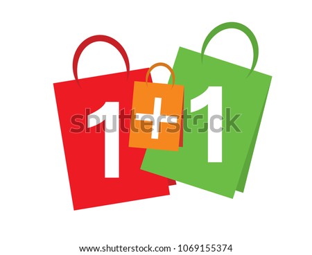 Sale banner Buy one get one free. 1+1 sale banner text on shopping bags