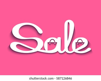 Sale banner with calligraphic inscription on pink background. Vector illustration made in paper cut out style.