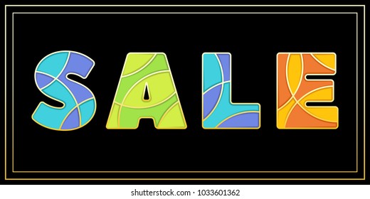 Sale banner with capital letters. Enamel mosaic jewelry art isolated vector symbols in different bright colors on black background. Useful for promo fashion event, discount label or slogan.