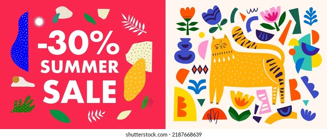 Sale Banner with cat. Summer sale. Decorative abstract horizontal banner with colorful doodles and shapes. Hand-drawn modern illustrations with cat, flowers, abstract elements