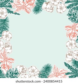 Sale banner, Christmas card. Fir branches, cotton, poinsettia. New Year card. Vector. Winter sales, New Year cards, invitations, flyers, leaflets.