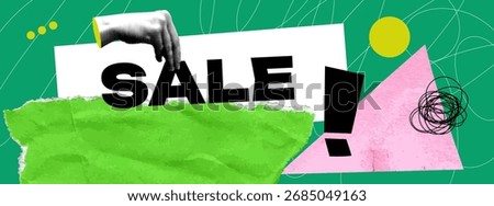 Sale banner with collage elements, torn paper, exclamation mark. Modern banner template with abstract creative textures. Halftone hand holding word Sale. Contemporary background