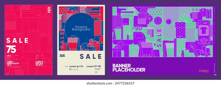 Sale banner. A collection of colorful promotional banners for sales, each with bold typography and creative designs featuring shopping motifs, ideal for retail marketing.