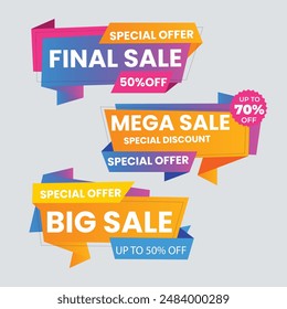 Sale banner collection, discount tag, special offer banner. Website stickers on a gray abstract background, color web page design. Set of discount banners. Vector illustration, eps10