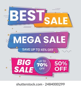 Sale banner collection, discount tag, special offer banner. Website stickers on a gray abstract background, color web page design. Set of discount banners. Vector illustration, eps10