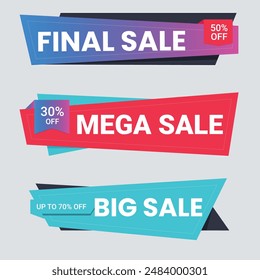 Sale banner collection, discount tag, special offer banner. Website stickers on a gray abstract background, color web page design. Set of discount banners. Vector illustration, eps10