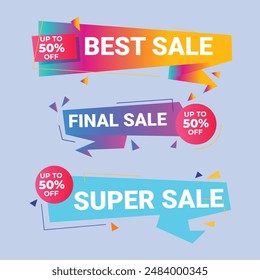 Sale banner collection, discount tag, special offer banner. Website stickers on a gray abstract background, color web page design. Set of discount banners. Vector illustration, eps10