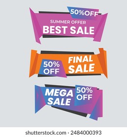 Sale banner collection, discount tag, special offer banner. Website stickers on a gray abstract background, color web page design. Set of discount banners. Vector illustration, eps10