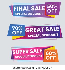 Sale banner collection, discount tag, special offer banner. Website stickers on a gray abstract background, color web page design. Set of discount banners. Vector illustration, eps10