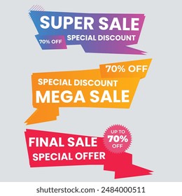 Sale banner collection, discount tag, special offer banner. Website stickers on a gray abstract background, color web page design. Set of discount banners. Vector illustration, eps10