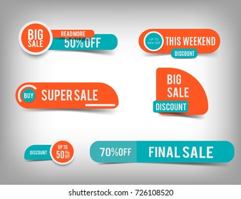 Sale banner collection, discount tag, special offer. Orange blue website stickers on a gray abstract background, web page design. Vector illustration, eps10