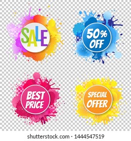 Sale Banner With Color Text With Blobs Transparent Background, Vector Illustration