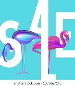 Sale banner with colorful flamingos and big letters. Vector illustration