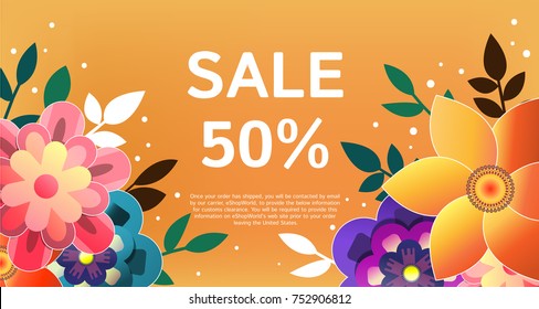 Sale banner with colors flowers on a orange background. Vector illustration. Banner  for promotions, magazines, advertising, web sites.