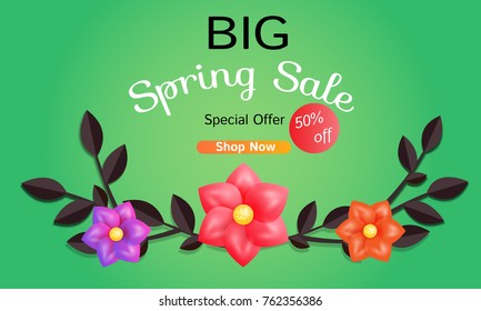 Sale banner with colors flowers on a green background. Vector illustration.Banner for promotions, magazines,name card,advertising,web sites.