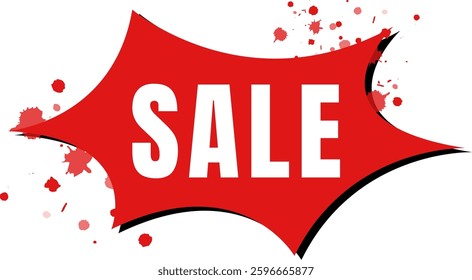 Sale banner, comic book explosion with splashes, sale red label. Sticker, tag, badge for promotion. Vector illustration.
