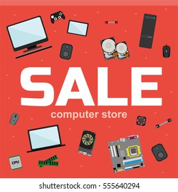 Sale Banner For Computer Store. PC, Tablet, Monitor, Laptop, Game Console Repair, Computer And RAM, Hard Disk, Motherboard, Cables, Fan And More. Flat Style Illustration