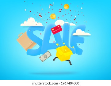 Sale banner with confetti and shopping stuff. Levitation effect