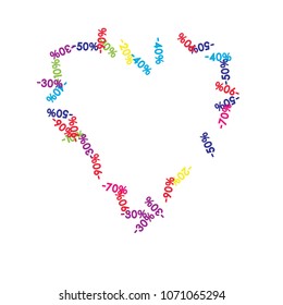 Sale Banner Confetti. Vector Falling Discount Prices -10, -20, -30, -40, -50, -70, -90 Sticker. Holidays Shopping Promotion Ads. Rebate Badge, Price Discount Heart Sale Banner, Border or Frame.