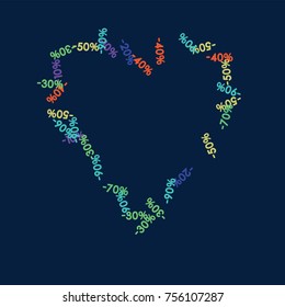 Sale Banner Confetti. Vector Falling Discount Prices -10, -20, -30, -40, -50, -70, -90 Sticker. Holidays Shopping Promotion Ads. Rebate Badge, Price Discount Heart Sale Banner, Border or Frame.