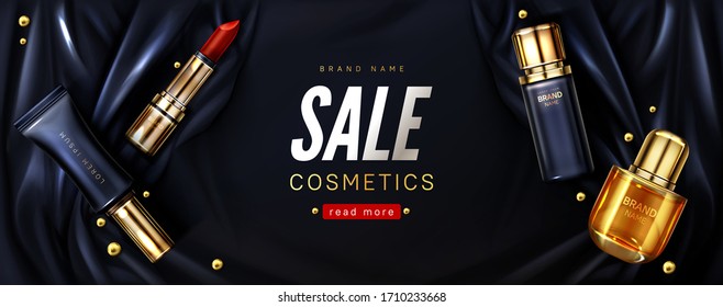 Sale banner with cosmetic products on black draped silk fabric. Vector realistic brand poster with luxury makeup and skincare products, lipstick and perfume bottle. Special offer promo background