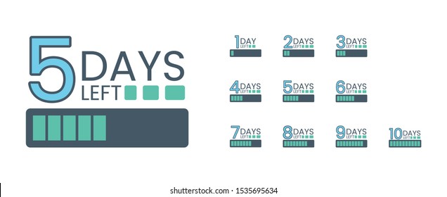 Sale banner with countdown - 10 9 8 7 6 5 4 3 2 1 numbers. Days to go promo banner. Text days left with discharging status bar as discharged battery. Last day offer banner or badge.