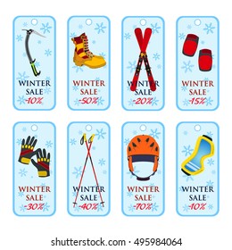 Sale banner, coupons, winter sale for sport equipment - flat style.