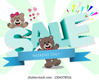 Sale banner with cute teddy bears on green and white background,special offer,weekend only shop now,online shop. Vector illustration ep10.