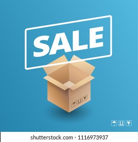 Sale banner delivery cardboard box icon sale vector illustration on blue background - fragile, keep up arrows, umbrella icon included!