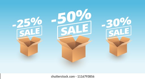 Sale banner delivery cardboard boxes icons - 25% off discount sale, 50% off, 30% off sale vector illustration 