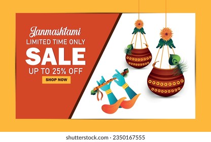 Sale banner design with 25% discount for Krishna Janmashtami festival celebration