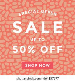 Sale banner design or ads web template with seamless pattern background. Creative social media header with discount offer. Vector illustration.