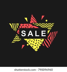 Sale banner design. Black background memphis art abstract new hot 2018 style of 90s.