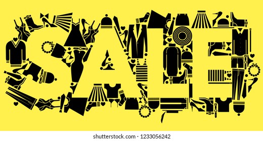 Sale banner design with clothing icons pattern on background. Hot sale, special offer, flyer, poster. Vector illustration. 