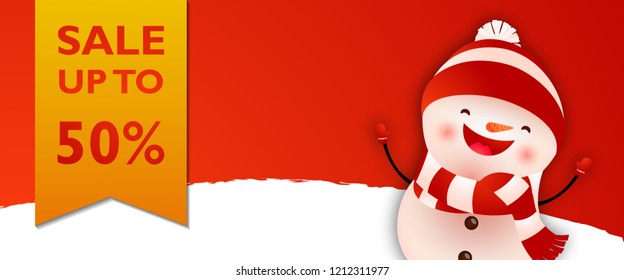 Sale banner design with laughing snowman. Creative design of  sale sign with funny cartoon character of snowman in cap and scarf on red background. Can be used for sales, shopping, banners